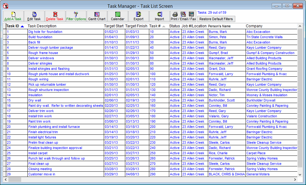 Scheduling Software Task List Screen